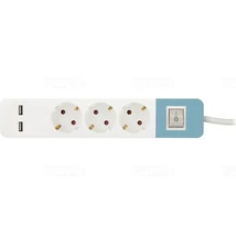 Stilo Hálózati elosztó 3db aljzat 1,5fm vezetékkel, kapcsolóval (H05VV-F 3x1,5 mm2) +2db USB port (2,1A 5V) kék-fehér Stilo STI1627