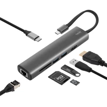 Home USBHUB7 dokkoló állomás, Gigabit RJ45, 4K HDMI HDR, egér, billentyűzet, TF/microSD, SD, 2 TB USB tároló, merevlemez, ~100 W PD, plug &amp; play USBHUB7