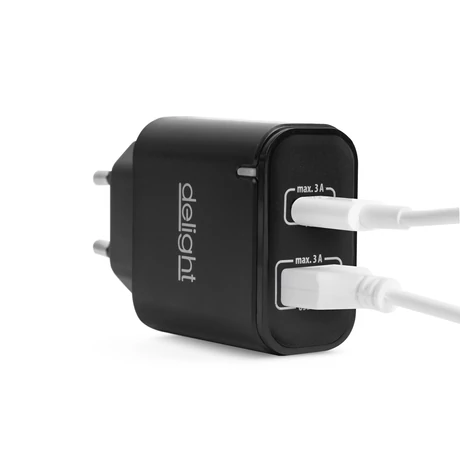 Delight hálózati adapter gyorstöltéssel fekete USB + Type-C PD20W 55047BK