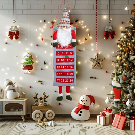 Fali adventi naptár kalendárium 3D skandináv manóval textil 100 x 28 cm 58964