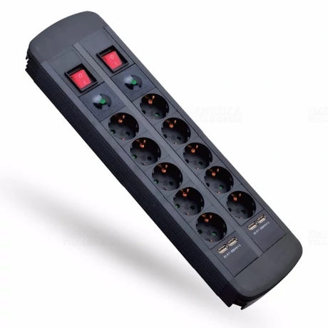 Stilo Hálózati elosztó 10db aljzat, 1.5fm vezetékkel, villámvédelemmel+4xUSB 5VDC 2x500mA, 2 kapcsolóval, H05VV-F 3x1,5mm2 Stilo STI1044
