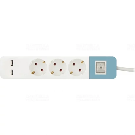 Stilo Hálózati elosztó 3db aljzat 1,5fm vezetékkel, kapcsolóval (H05VV-F 3x1,5 mm2) +2db USB port (2,1A 5V) kék-fehér Stilo STI1627