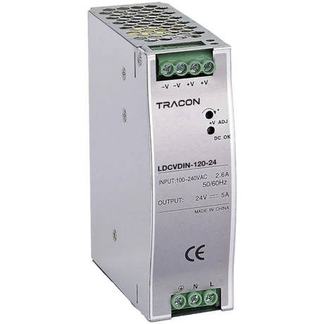 Tracon sínre szerelhető led tápegység szabályozható DC kimenettel 100-240V 2,6A/DC24V 5A/120W LDCVDIN-120-24