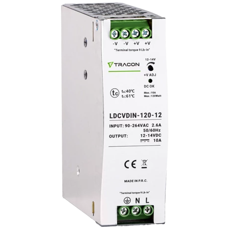 Tracon sínre szerelhető led tápegység szabályozható DC kimenettel 90-264V 2,6A/DC12V 10A/120W LDCVDIN-120-12