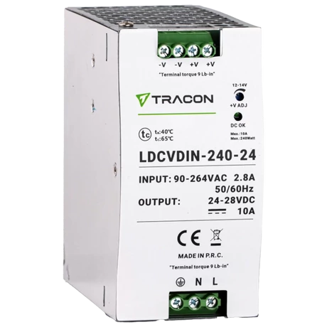 Tracon sínre szerelhető led tápegység szabályozható DC kimenettel 90-264V 2,8A/DC24V 10A/240W LDCVDIN-240-24
