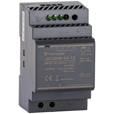 Tracon sínre szerelhető led tápegység szabályozható DC kimenettel 90-264V 1,2A/DC12V 4,5A/54W LDCVDIN-60-12