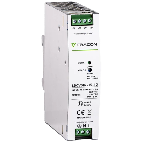 Tracon sínre szerelhető led tápegység szabályozható DC kimenettel 90-264G 1,6A/DC12V 6,3A/75W LDCVDIN-75-12