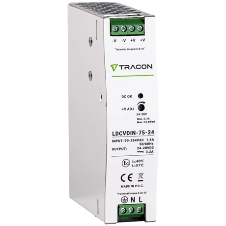 Tracon sínre szerelhető led tápegység szabályozható DC kimenettel 90-264V 1,6A/DC24V 3,2A/75W LDCVDIN-75-24