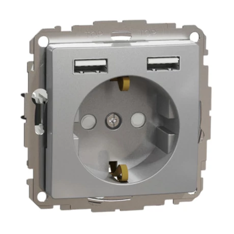 Schneider Sedna Design 2P+F dugalj gyermekvédelemmel kettős USB töltővel 16A/2.4A alumínium SDD113052 