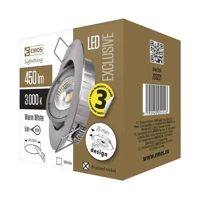 EMOS LED Spotlámpa 5W meleg fehér álmennyezetbe építhető ezüst 3év garancia ZD3221