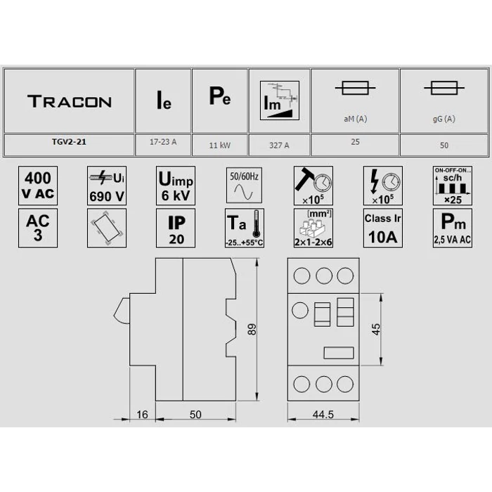 Tracon Kézi működtetésű motorvédő kapcsoló 17-23A 11kW TGV2-21