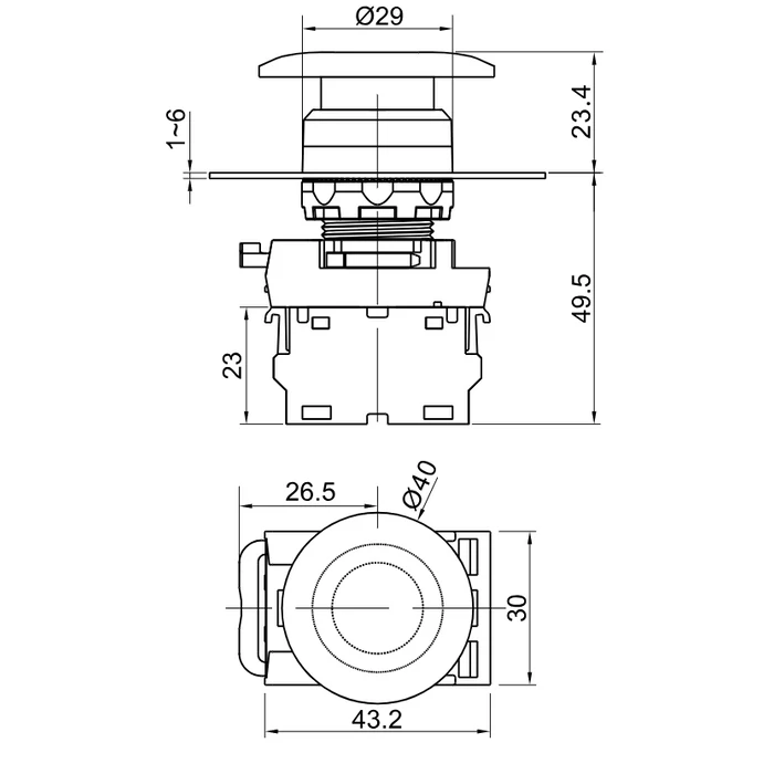 Tracon gombafejű nyomógomb sárga 1×NO, 5A/230V AC-15, 40mm, IP65
