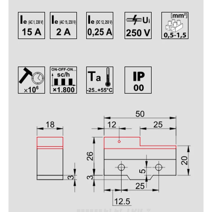 Tracon végálláskapcsoló 1xCO 15A/250V AC IP00 49mm rugószáras helyzetkapcsoló