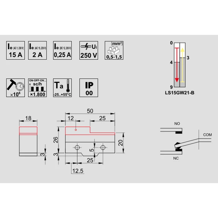 Tracon végálláskapcsoló 1xCO 15A/250V AC IP00 17mm rugószáras helyzetkapcsoló