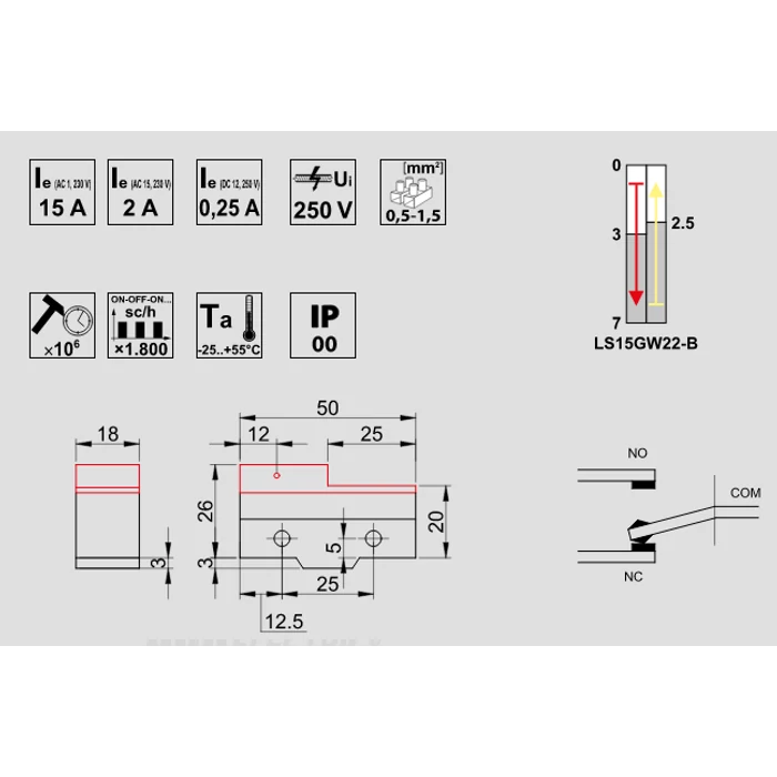 Tracon végálláskapcsoló 1xCO 15A/250V AC IP00 19mm rugószáras-görgős helyzetkapcsoló