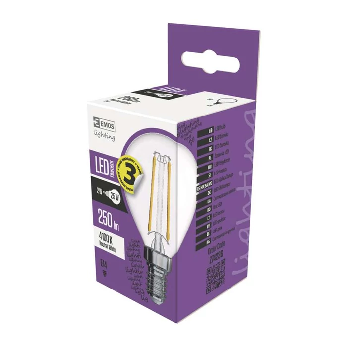 Emos filament LED lámpa-izzó kisgömb E14 2W 4100K természetes fehér Z74236