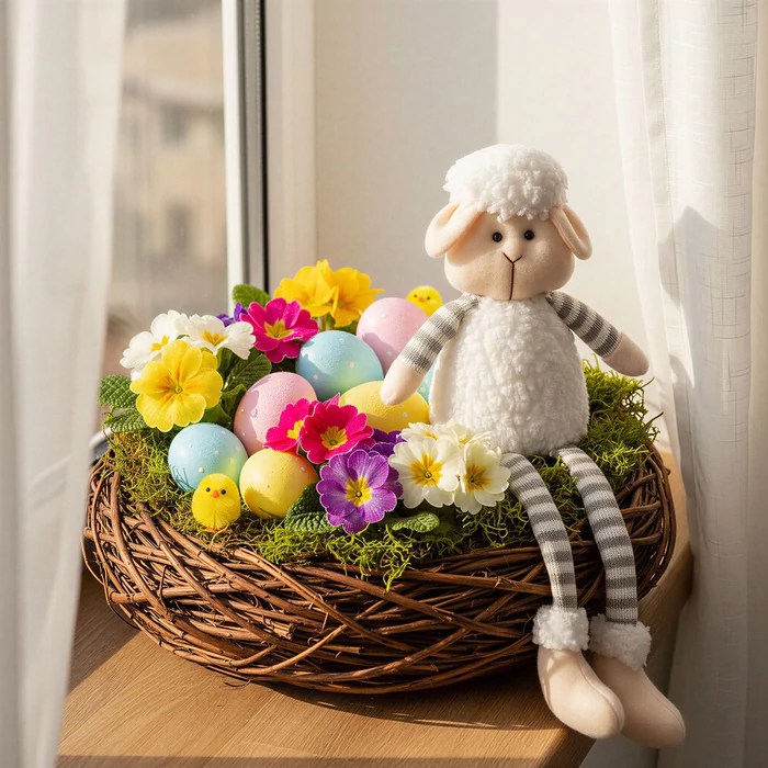 Textil tavaszi dekoráció bárány 41x13x8 cm 11579