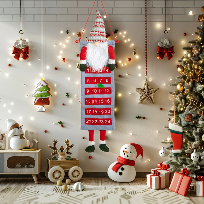 Fali adventi naptár kalendárium 3D skandináv manóval textil 100 x 28 cm 58964
