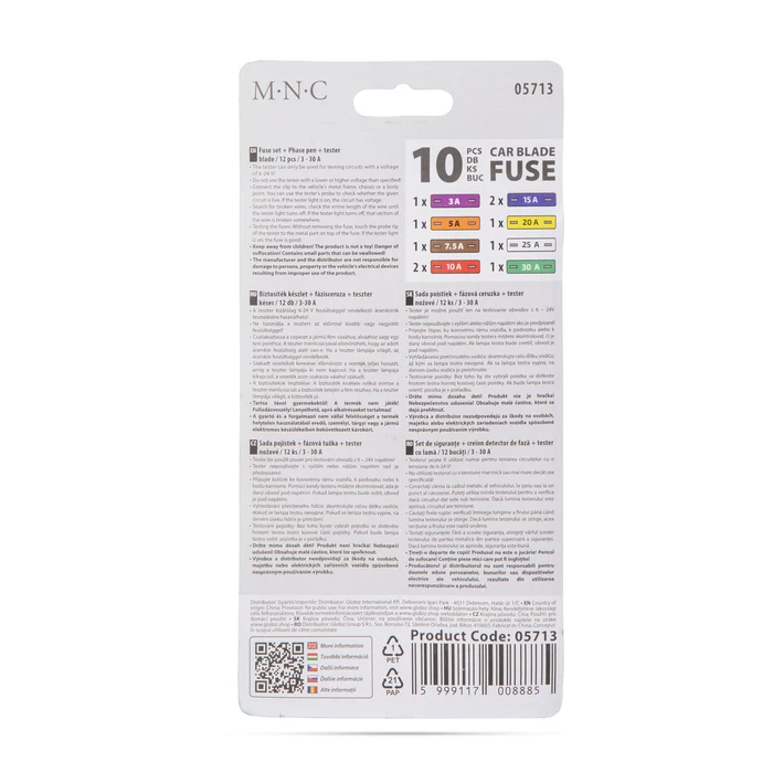 MNC Biztosíték készlet+fázisceruza + teszter késes 10 db 6 - 24V, 3 - 30A  05713