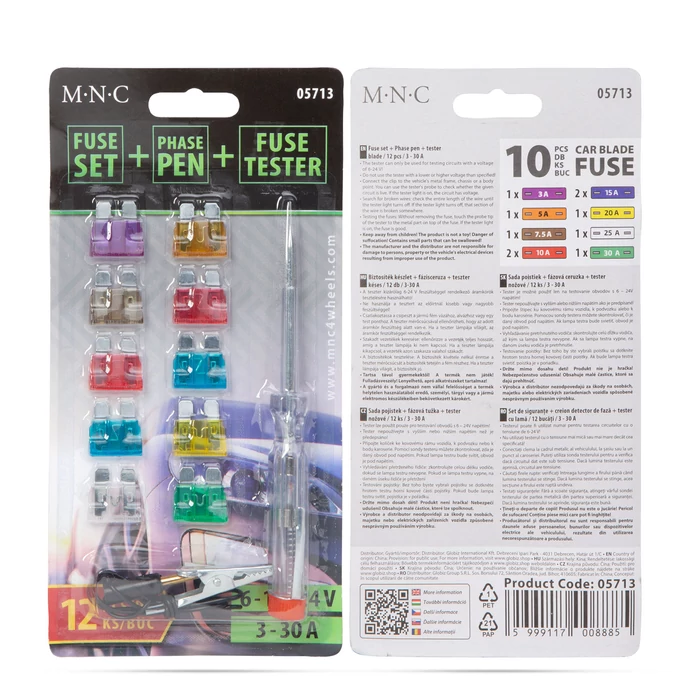 MNC Biztosíték készlet+fázisceruza + teszter késes 10 db 6 - 24V, 3 - 30A  05713