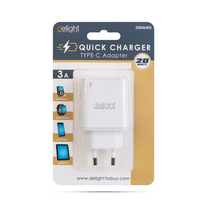 Delight hálózati adapter Type-C gyorstöltő PD20W fehér Gyorstöltés 55046WH