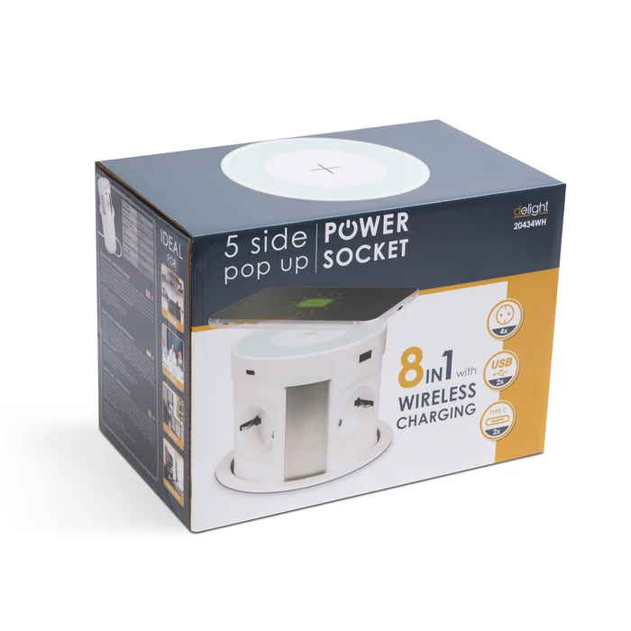 Delight Rejtett beépíthető elosztó süllyeszthető 4-es + vezeték nélküli töltés + 2xUSB + 2xType-C fehér 20434WH