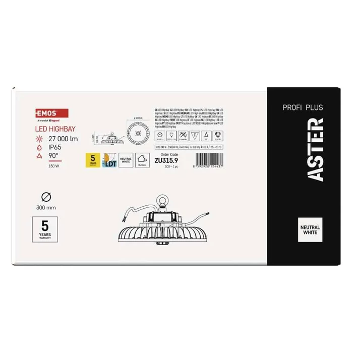 Emos Aster LED ipari csarnokvilágító lámpa 150W 27000lm 4000K természetes fehér 90° IP65 ZU315.9