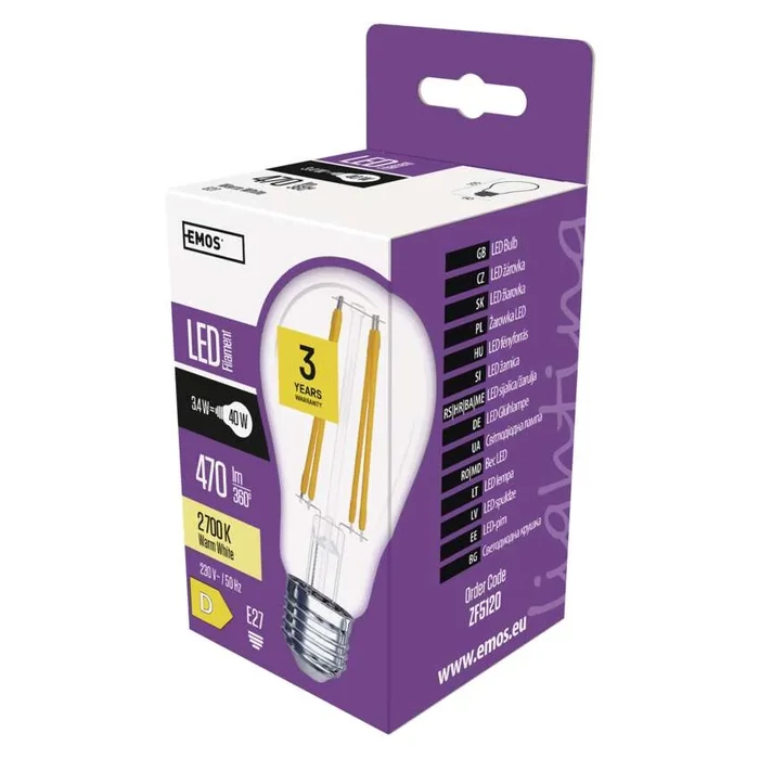 Emos LED izzó filament E27 3,4W 470lm 2700K meleg fehér A60 ZF5120