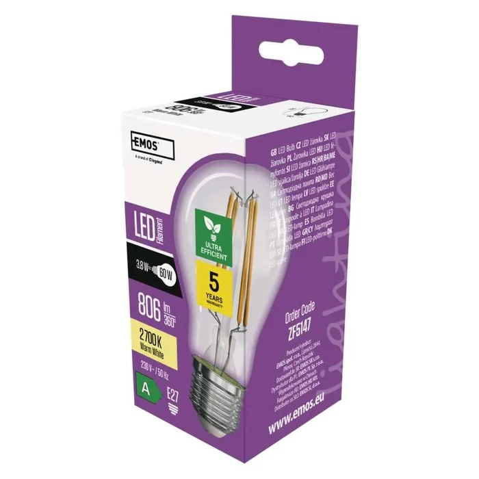 Emos LED izzó filament E27 3,8W 806lm 2700K meleg fehér A60 ZF5147