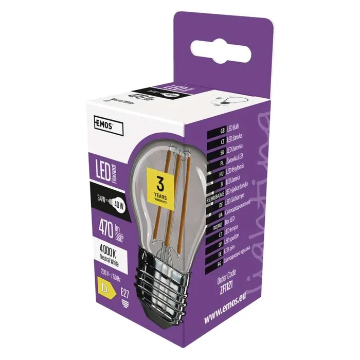 Emos filament LED izzó kisgömb E27 3,4W 470lm 4000K természetes fehér ZF1121
