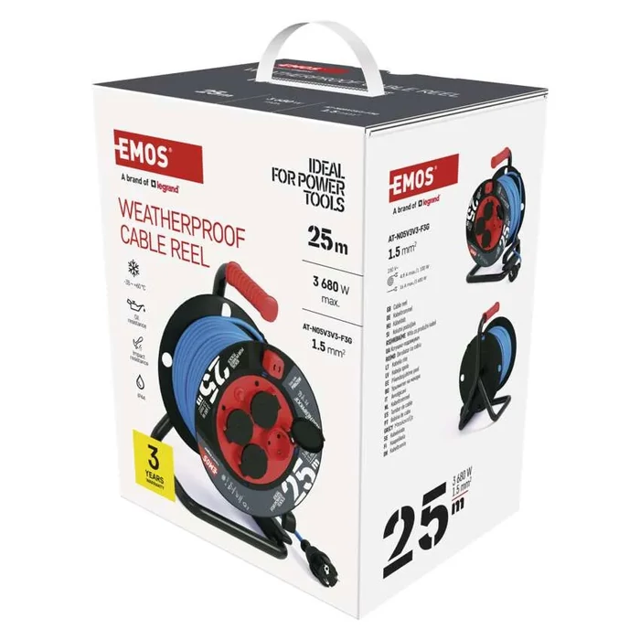 Emos Weatherproof kábeltekercs kábeldob 25m 4 aljzat kék szilikon AT-N05V3V3-F 230V 1,5 mm2 P08625W