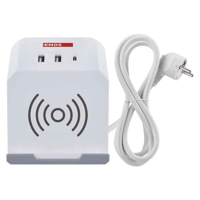 EMOS aszali hosszabbító kocka 2m 2 aljzat fehér 2×USB-A+1×USB-C+Qi H05VV-F3G 1,5 mm² P0222CQ
