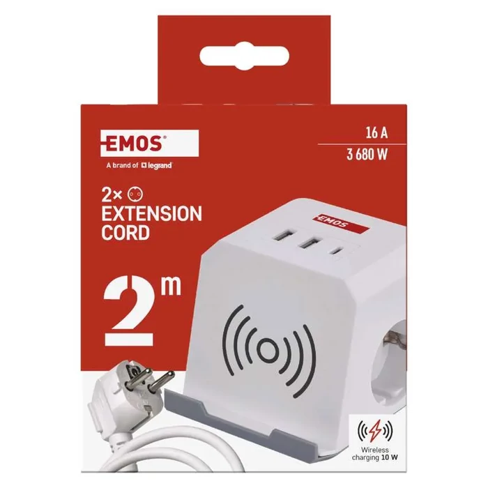 EMOS aszali hosszabbító kocka 2m 2 aljzat fehér 2×USB-A+1×USB-C+Qi H05VV-F3G 1,5 mm² P0222CQ