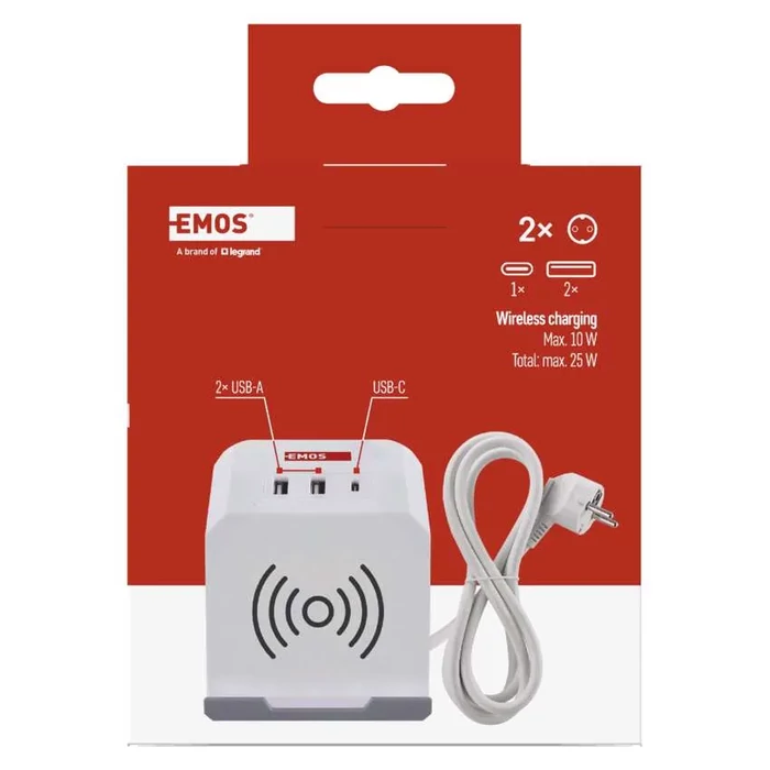 EMOS aszali hosszabbító kocka 2m 2 aljzat fehér 2×USB-A+1×USB-C+Qi H05VV-F3G 1,5 mm² P0222CQ
