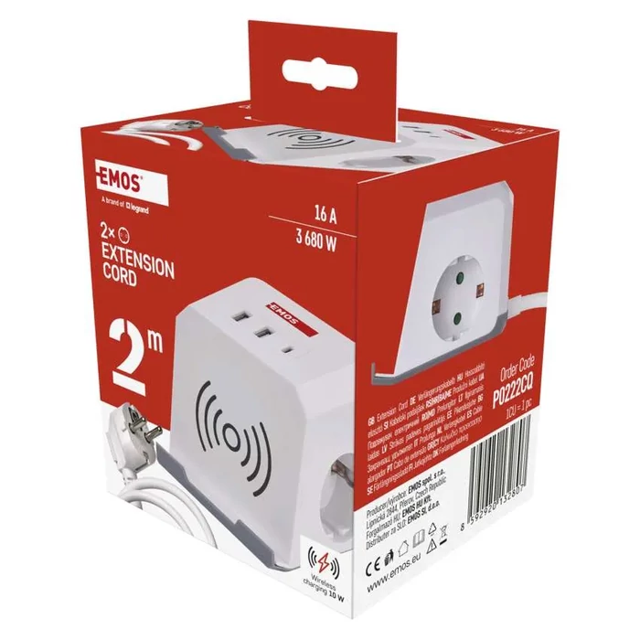 EMOS aszali hosszabbító kocka 2m 2 aljzat fehér 2×USB-A+1×USB-C+Qi H05VV-F3G 1,5 mm² P0222CQ