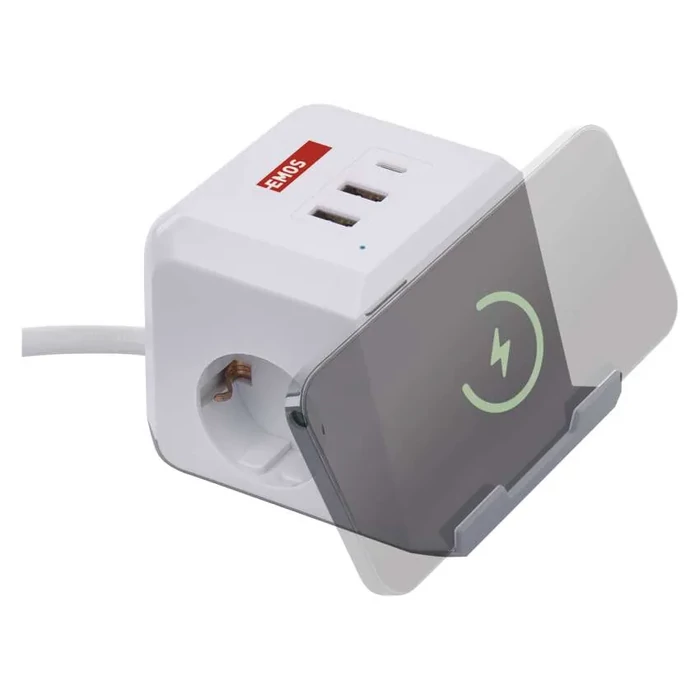 EMOS aszali hosszabbító kocka 2m 2 aljzat fehér 2×USB-A+1×USB-C+Qi H05VV-F3G 1,5 mm² P0222CQ