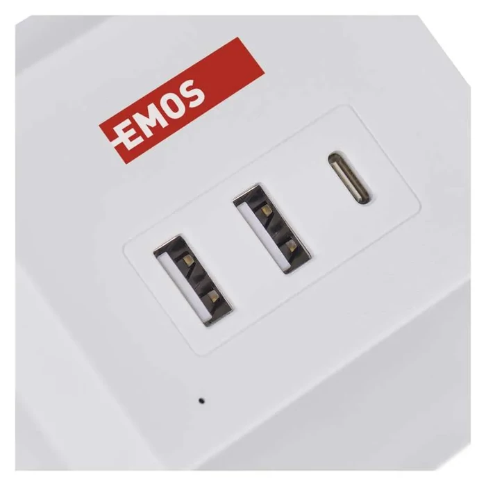 EMOS aszali hosszabbító kocka 2m 2 aljzat fehér 2×USB-A+1×USB-C+Qi H05VV-F3G 1,5 mm² P0222CQ