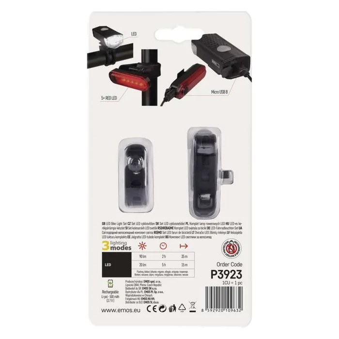 Emos első + hátsó tölthető LED kerékpár lámpa, 90 lm P3923