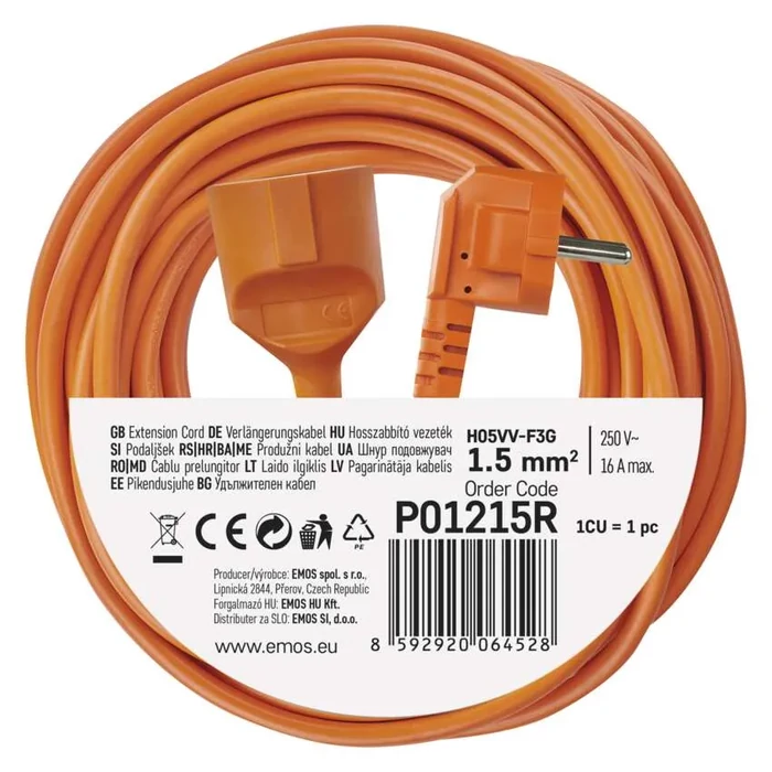 Emos lengő hosszabbító 15m 1 aljzat narancssárga PVC 250V H05VV-F3G 3x1,5 mm2 P01215R