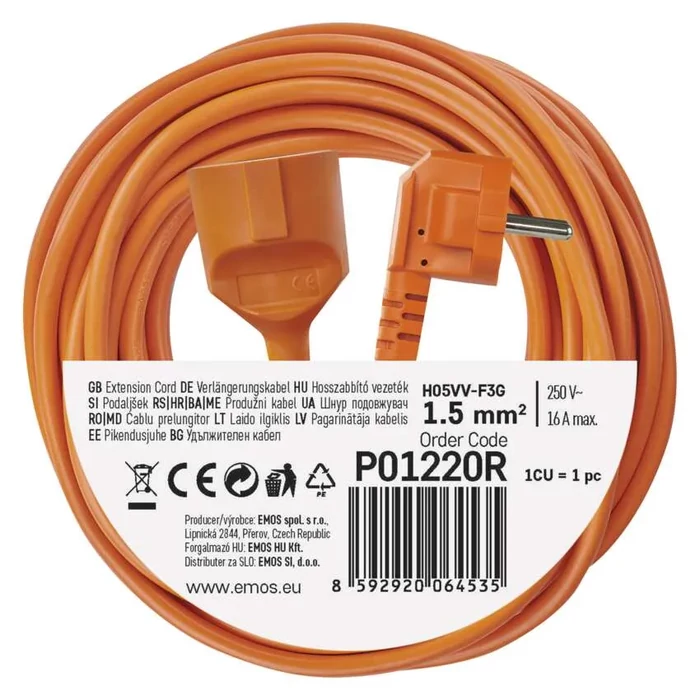 Emos Lengő Hosszabbító 20m 1 aljzat narancssárga PVC 250 V 3x1,5 mm2 P01220R