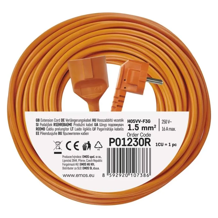 Emos lengő hosszabbító 30m 1 aljzat narancssárga H05VV-F3G PVC 250V 3X1,5 mm2 P01230R