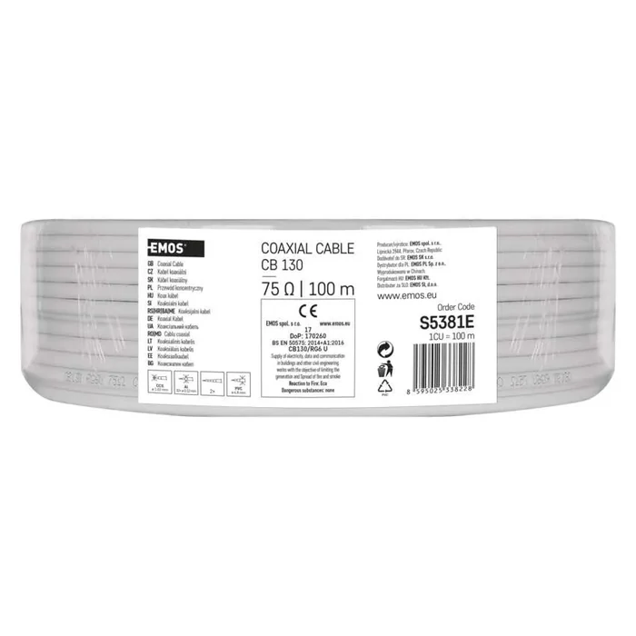 Emos Koax kábel RG6 75ohm fehér árnyékolt árnyékolt acél réz bevonatos 100 m/tekercs S5381E