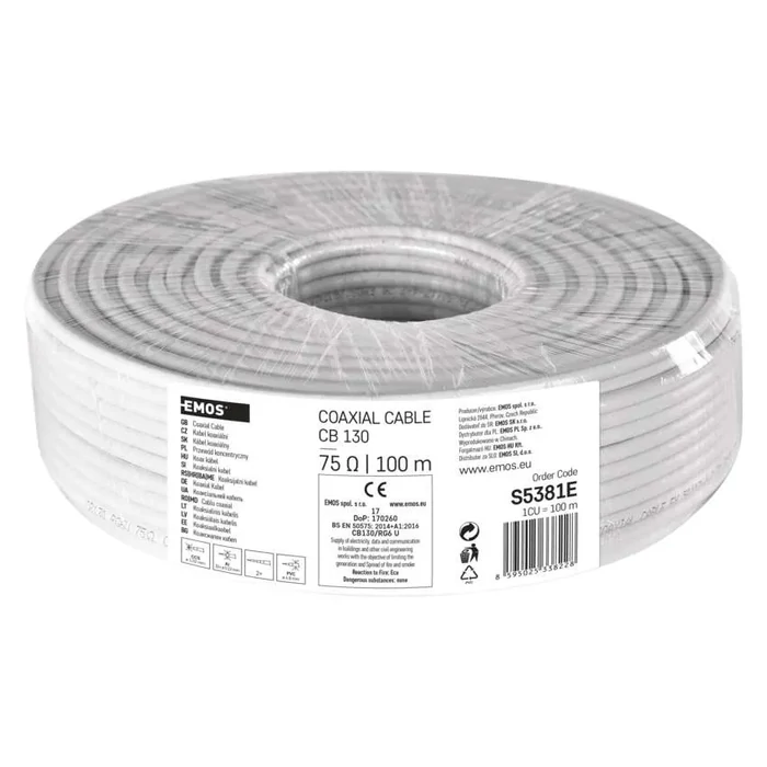 Emos Koax kábel RG6 75ohm fehér árnyékolt árnyékolt acél réz bevonatos 100 m/tekercs S5381E