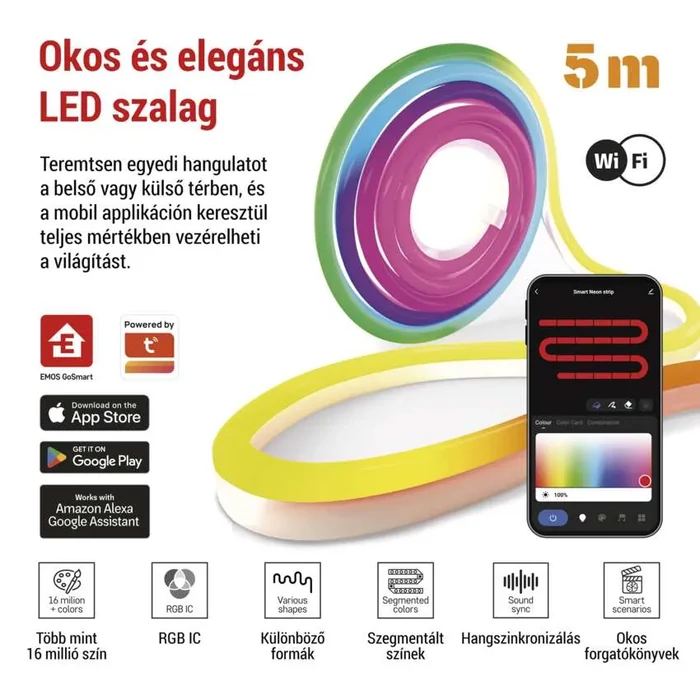 GoSmart Rugalmas LED szalag NEON fehér 5m 33W RGBIC dimmelhető, WiFi Cikkszám ZPW513I