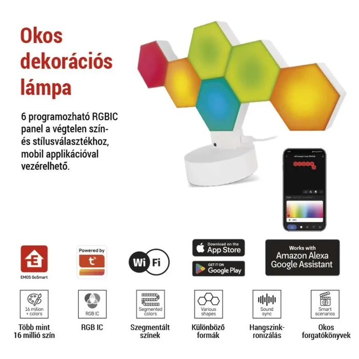 Emos GoSmart LED 5,5W okos dekorációs asztali lámpatest Hexagon fehér 6 részből álló RGBIC dimmelhető WiFi ZIW426R