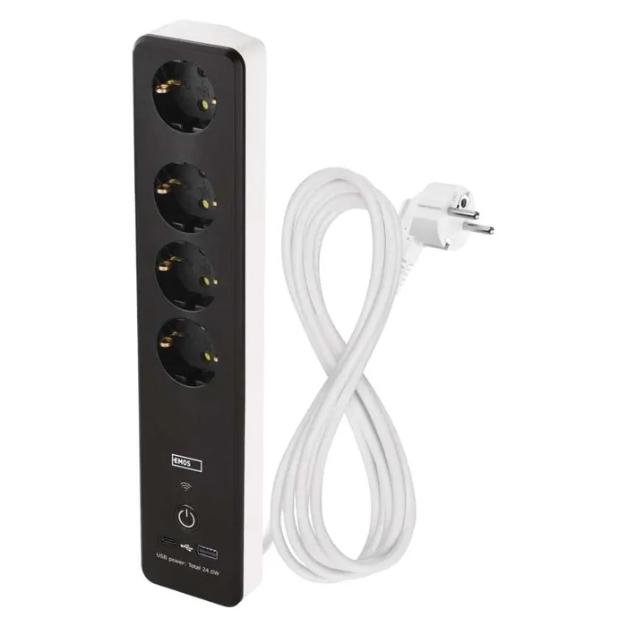 Emos GoSmart hosszabbító elosztó 2m 4 aljzat kapcsolós USB fehér-fekete PVC 1,5 mm2 P1422SM