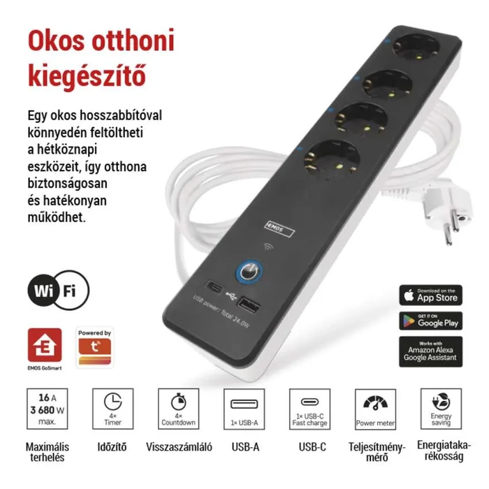 Emos GoSmart hosszabbító elosztó 2m 4 aljzat kapcsolós USB fehér-fekete PVC 1,5 mm2 P1422SM