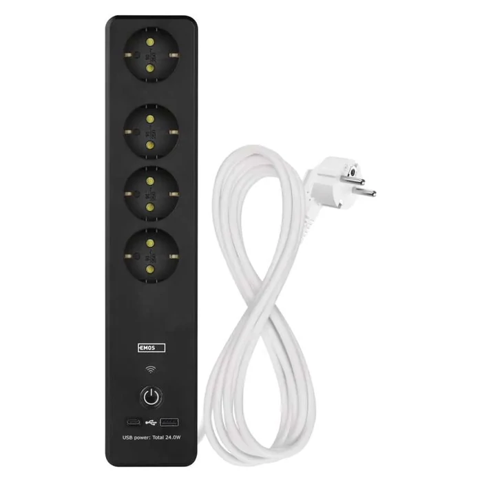 Emos GoSmart hosszabbító elosztó 2m 4 aljzat kapcsolós USB fehér-fekete PVC 1,5 mm2 P1422SM