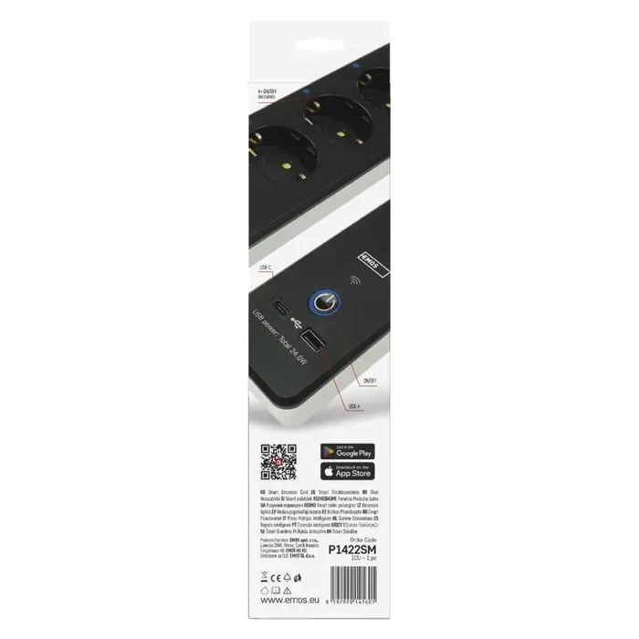 Emos GoSmart hosszabbító elosztó 2m 4 aljzat kapcsolós USB fehér-fekete PVC 1,5 mm2 P1422SM