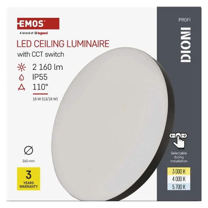 Emos DIONI LED mennyezeti lámpa 18W 2160 lm CCT kerek fekete IP55 ZM7154
